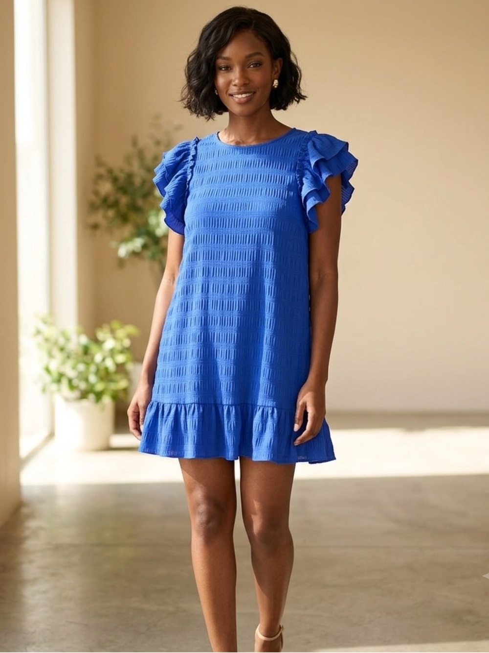 SHEIN Royal Blue Ruffled Sleeve Textured Shift Dress, Women’s Size 4, mini short